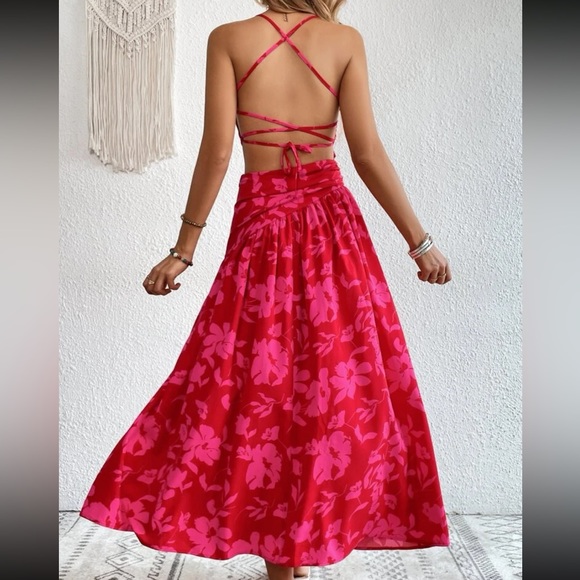 Dresses & Skirts - Boho Floral Print Criss Cross Open Back Ruched Cut Out Maxi Dress